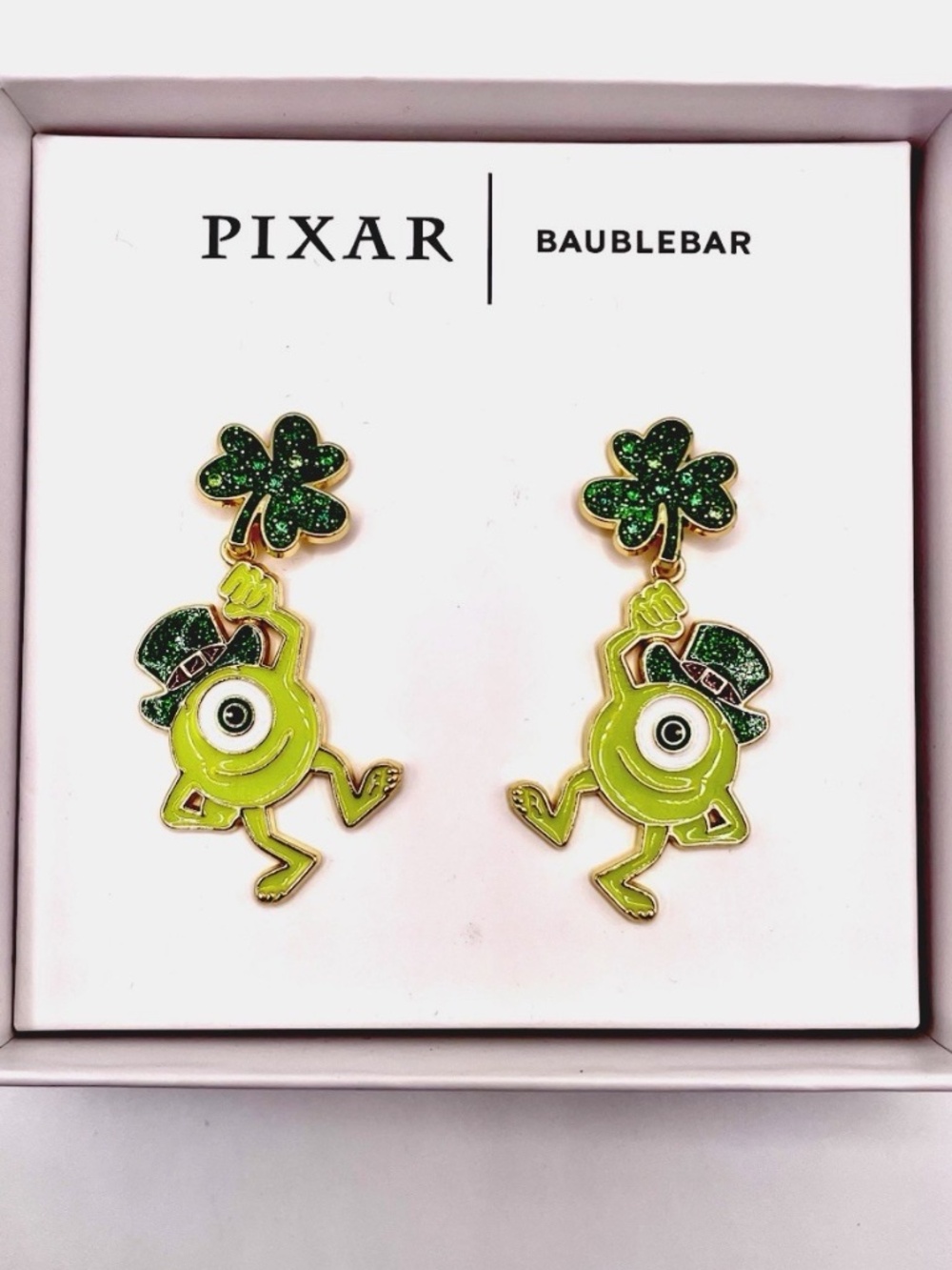 Pixar x BaubleBar Mike Wazowski St. Patrick's Day Shamrock Drop Earrings NIB NWT